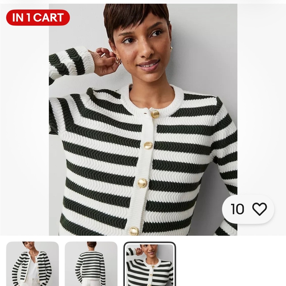 NWT Ann Taylor striped stitch jacket/cardigan sweater. Dark green/cream. Medium - Picture 9 of 10